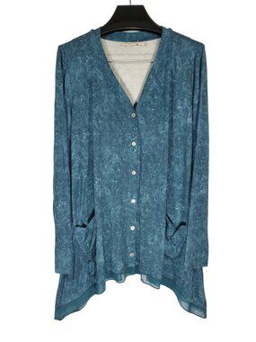 LOGO Lori Goldstein Printed Button Front Knit Cardigan Women's L Acid-Wash Teal